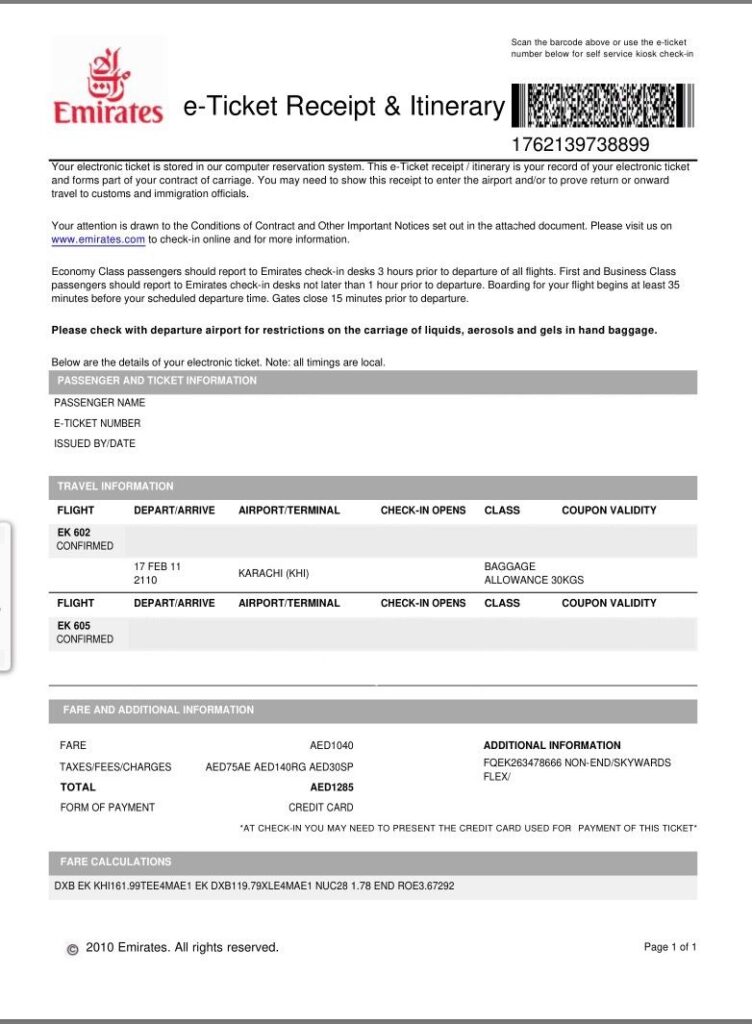 Emirates ticket number
